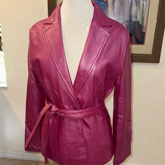 Bernardo Collection Pink Raspberry Belted Soft Leather Jacket Size Medium - Picture 3 of 13